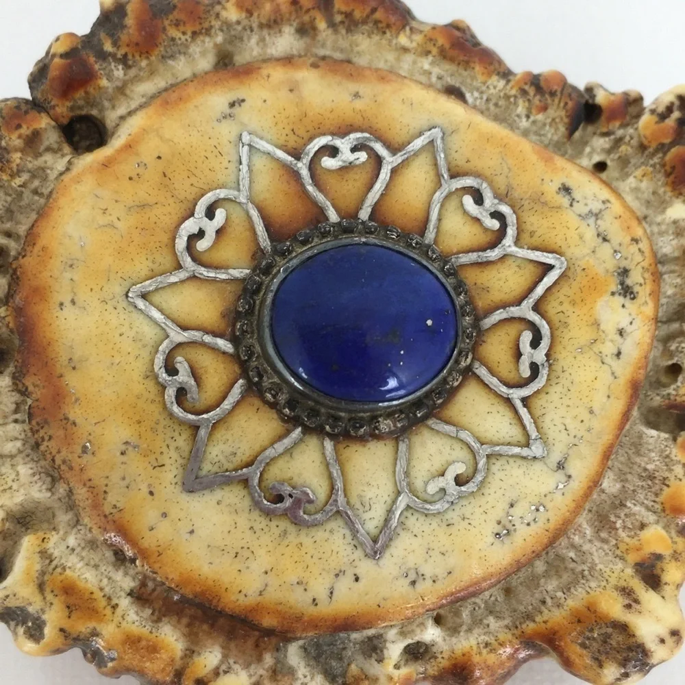 Vintage Handmade Western Antler Belt Buckle Blue Lapis Louise Signed Shanti